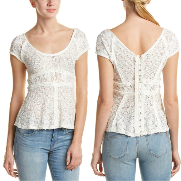 Free People Tops - Free People Top Blouse Lace Boho Tee Sz Large NWT